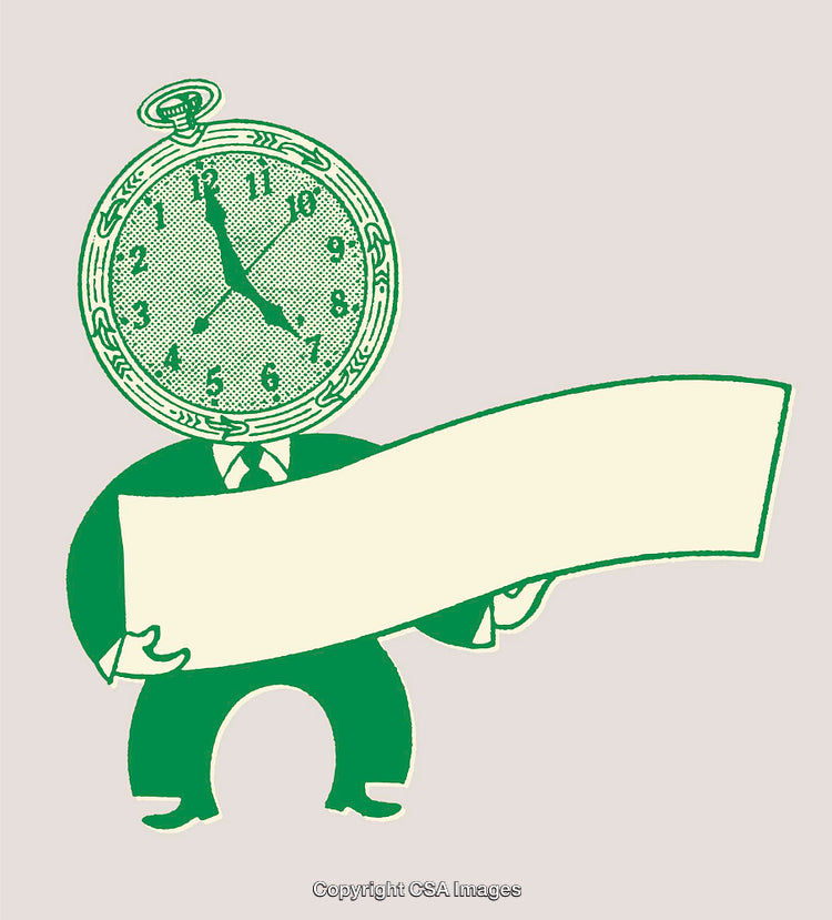 Vintage Style Drawing of a Clock-Headed Character Holding a Blank Banner