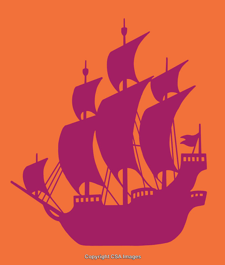 Colorful Silhouette of a Sailing Ship with Orange Background