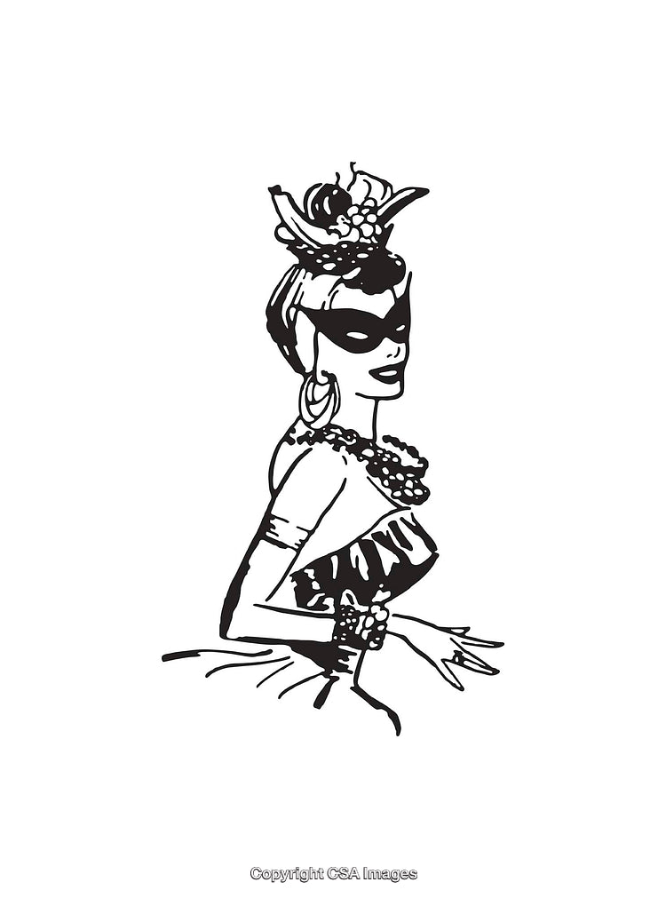 Elegant Black and White Illustration of a Masked Woman in Carnival Attire