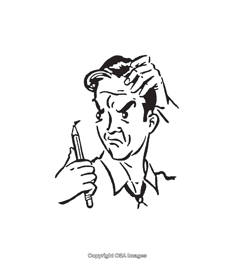 Black and White Illustration of a Person Holding a Pen Thoughtfully