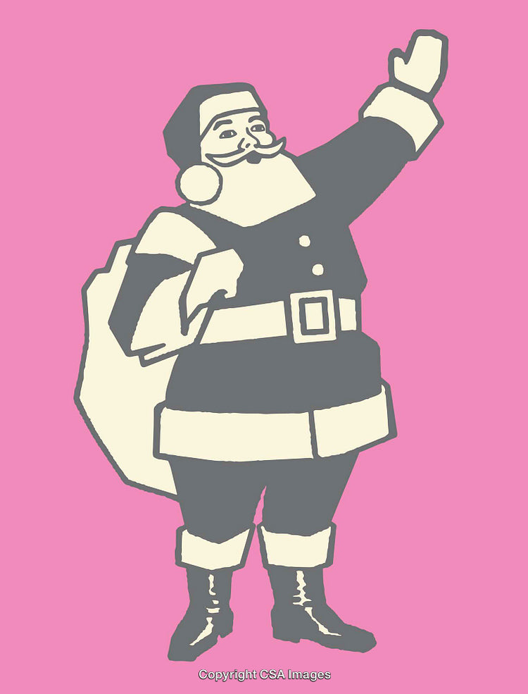 Colorful Cartoon Santa Claus Illustration on a Pink Background Waving Cheerfully