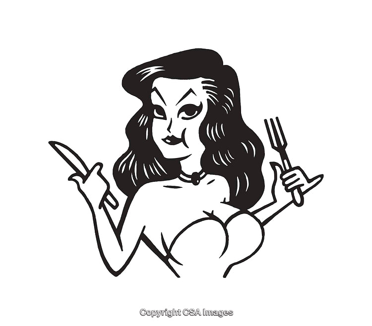 Black and White Line Art of a Woman Holding Fork and Knife
