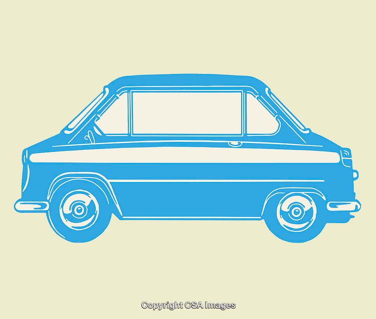 Flat Design Retro Blue Car Illustration on Beige Background