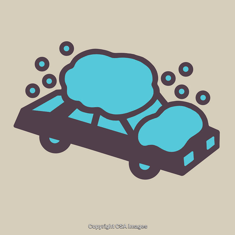 Stylized Illustration of a Car Being Washed with Soap Suds and Bubbles