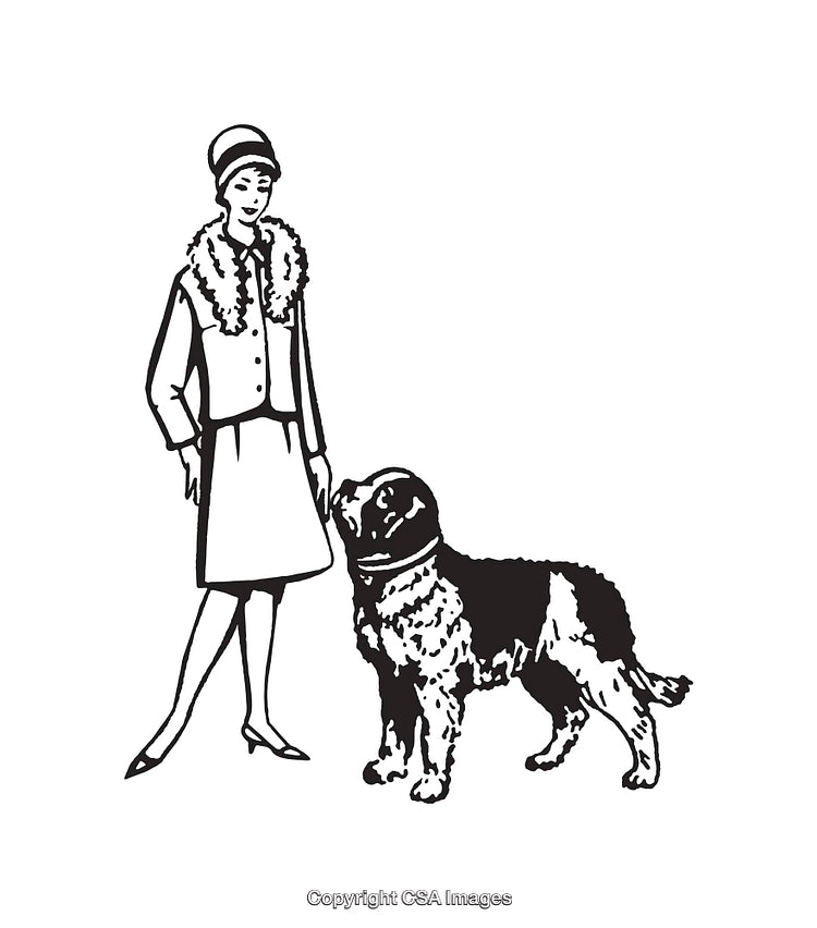 Elegant Woman Illustration with Companion Dog in Vintage Black and White Style