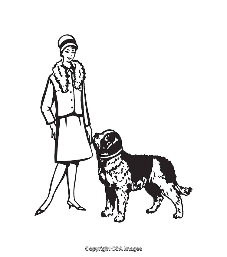 Elegant Woman Illustration with Companion Dog in Vintage Black and White Style