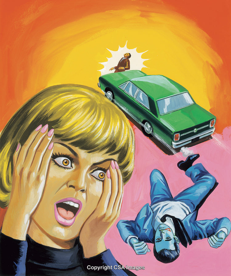 Dramatic Woman Witnessing Shocking Accident with Vibrant Background