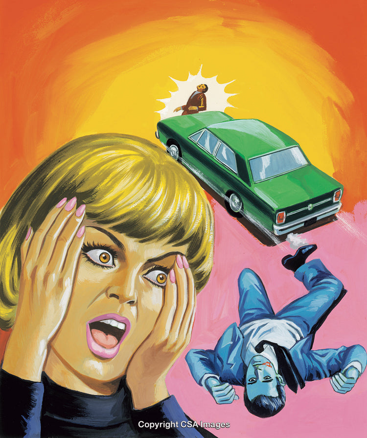 Dramatic Woman Witnessing Shocking Accident with Vibrant Background