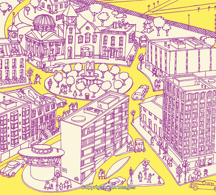 Colorful Line Art Illustration of a Lively Urban Cityscape Scene