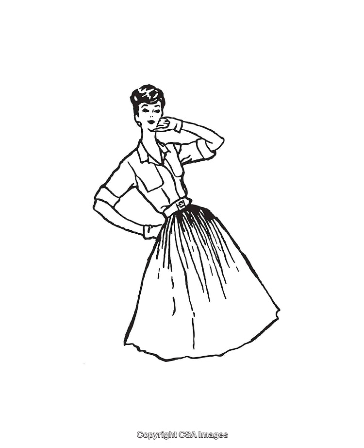 Hand-Drawn Retro Elegant Woman in Classic Attire Line Art
