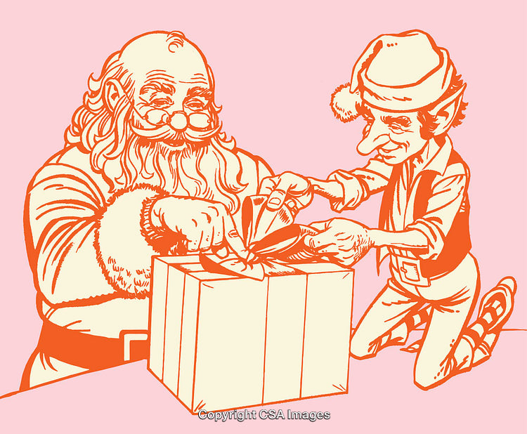 Santa Claus and Elf Wrapping Present in Festive Illustration