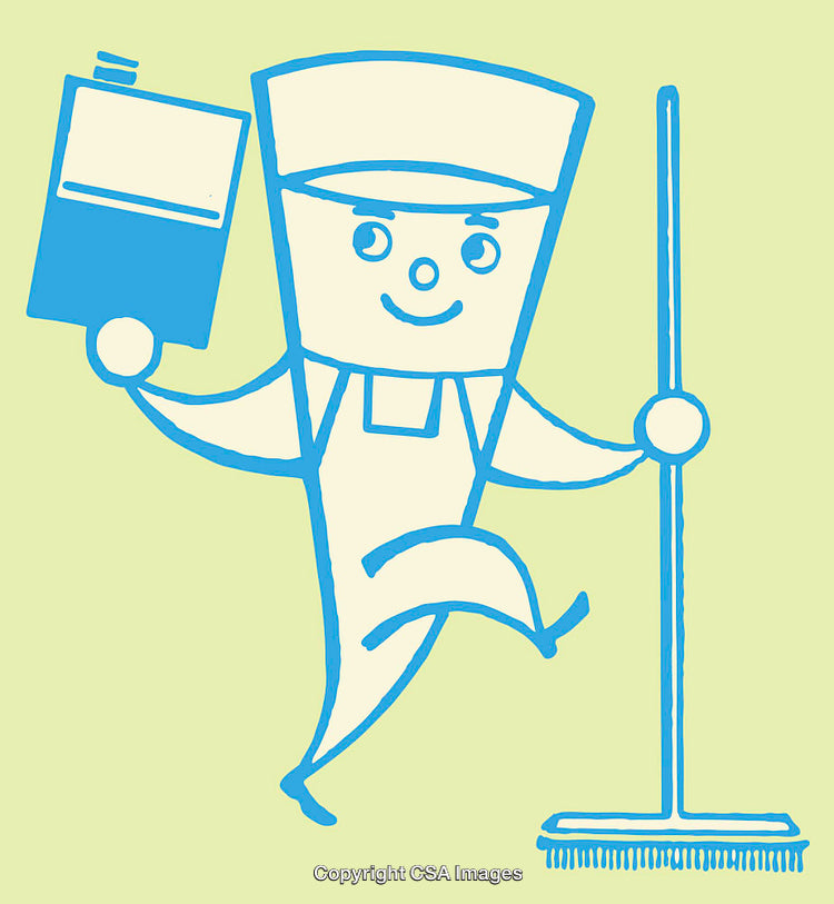 Cheerful Cartoon of Cleaning Character Holding Mop and Bottle