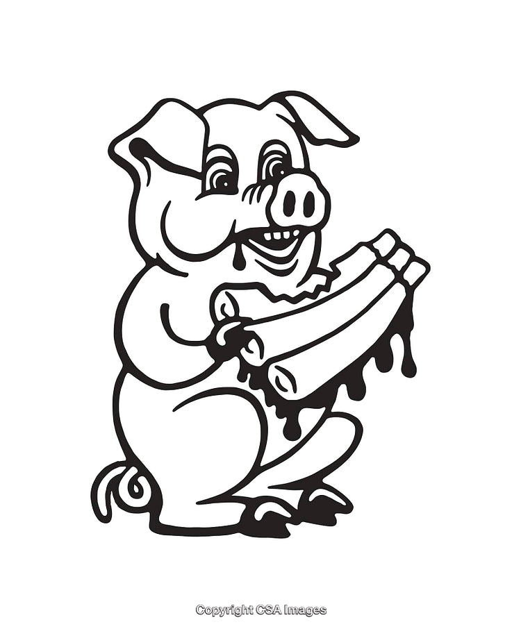 Playful Pig Cartoon Eating Barbecue Ribs in Black and White Illustration