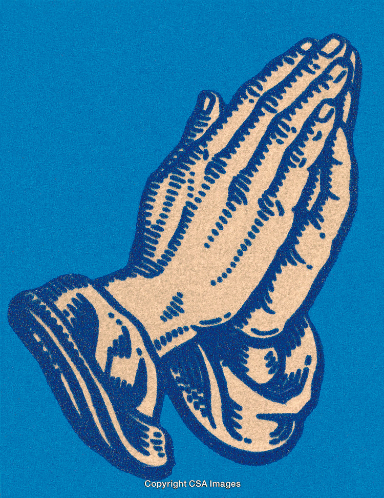 Illustrated Praying Hands on Blue Background Evoking Serenity and Spirituality