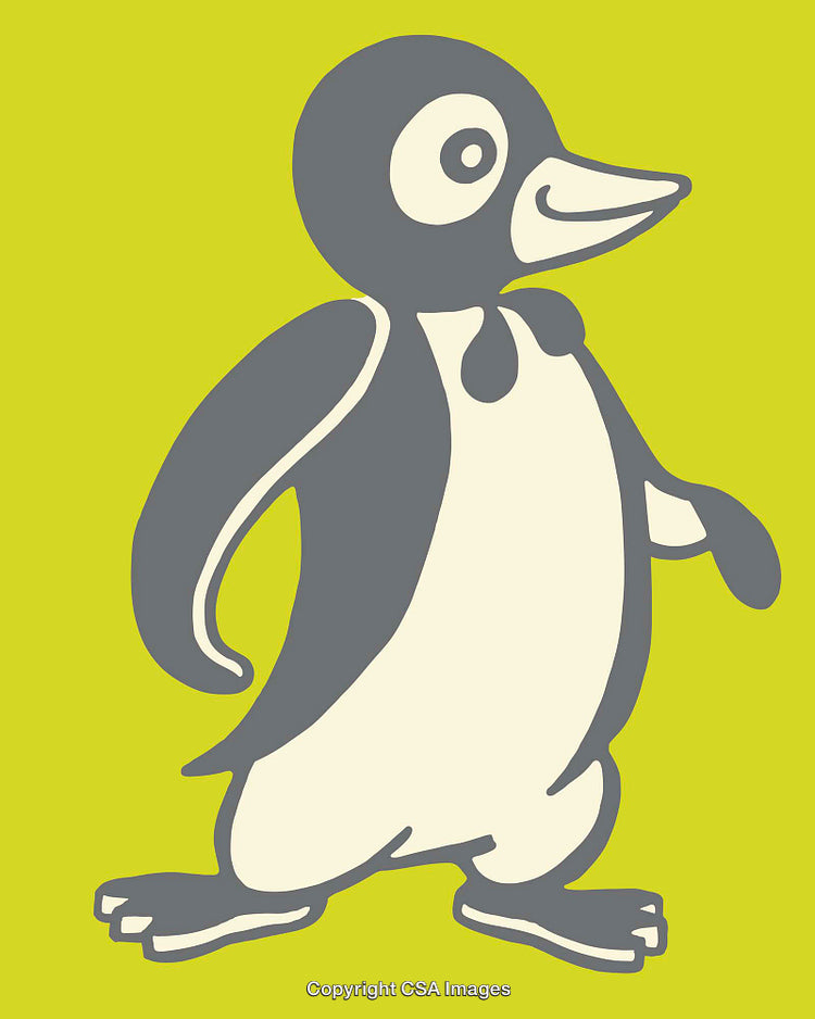 Colorful Line Art Illustration of a Cute Penguin on Yellow Background