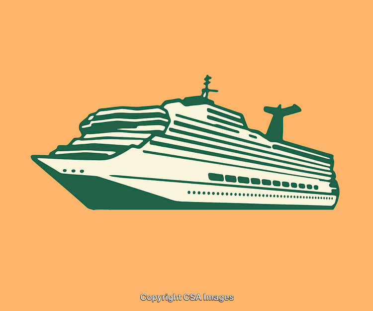 Color Line Art Illustration of a Modern Cruise Ship on Orange Background
