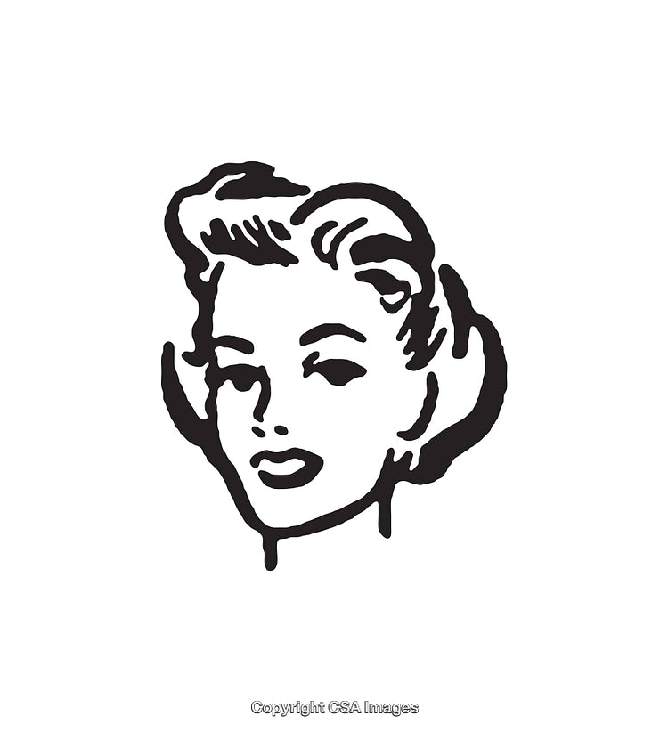 Retro Black and White Line Art of Woman's Face Portrait