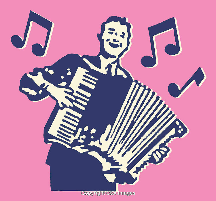 Musician Playing Accordion With Musical Notes on Pink Background