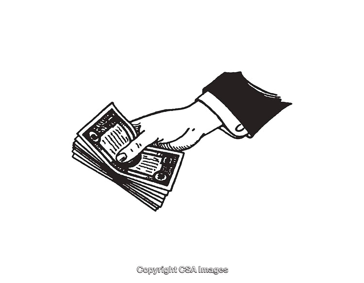 Black and White Illustration of a Hand Holding Stack of Money