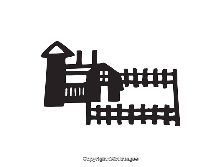 Black and White Line Art of a House with Fencing