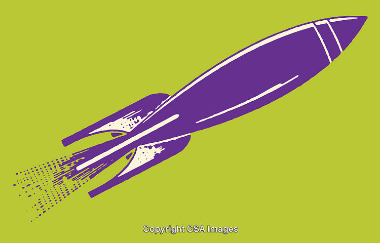 Purple Rocket Illustration on a Lime Green Background Displaying a Retro Style