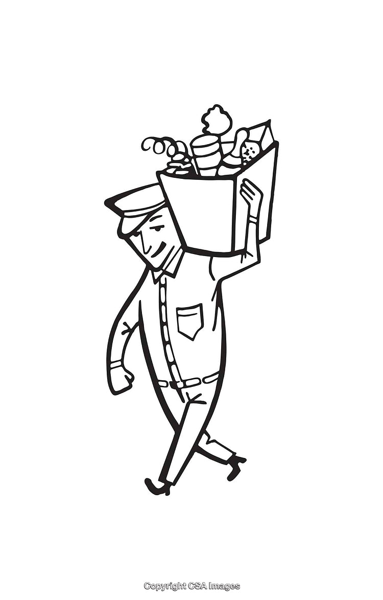 Stylized Line Art of Delivery Worker Carrying a Box of Goods