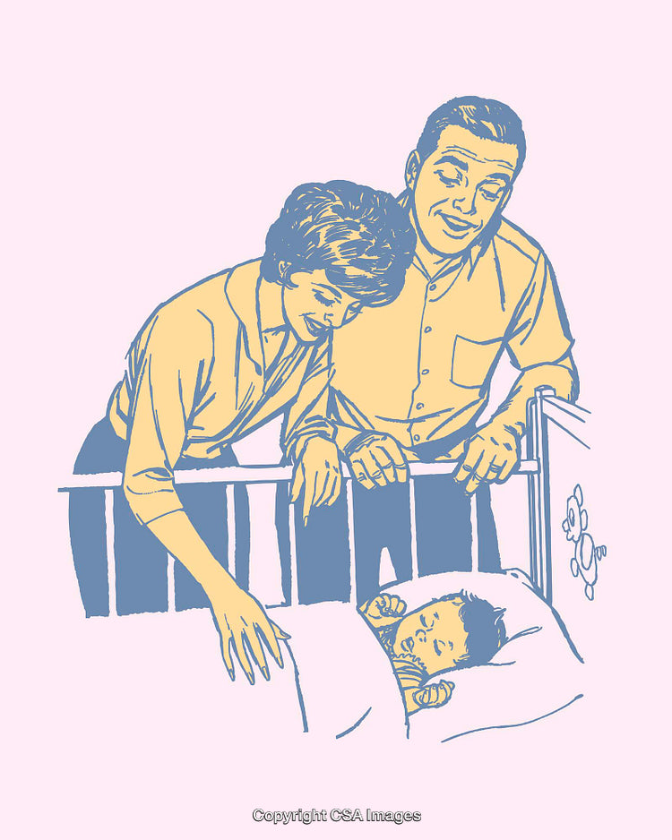 Loving Parents Admiring Their Baby in Crib, Retro Style Line Art Illustration
