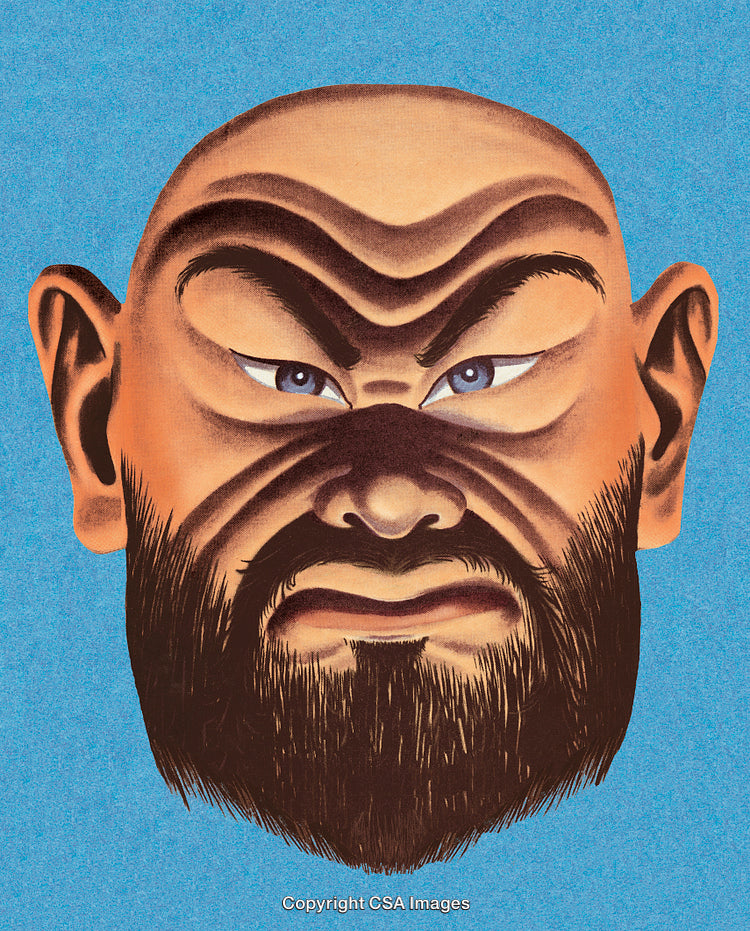Illustrated Character with Bold Features and Intense Expression in Vibrant Colors