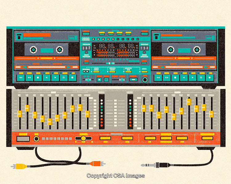 Retro Audio Equipment with Tape Deck and Equalizer in Vibrant Colors
