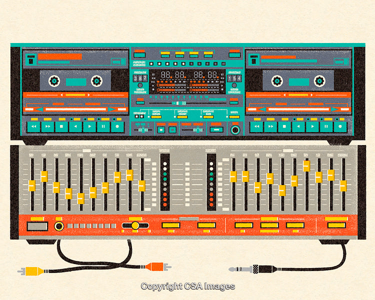 Retro Audio Equipment with Tape Deck and Equalizer in Vibrant Colors