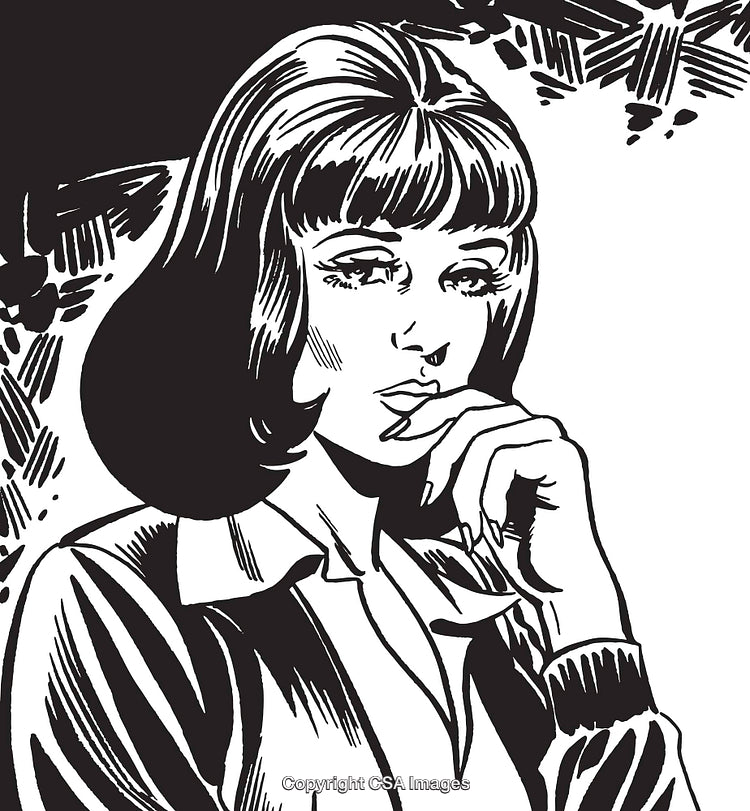 Retro Style Black and White Illustration of a Pensive Woman