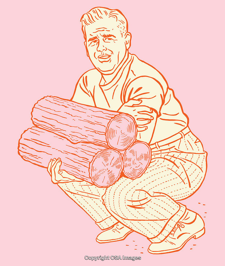 Retro Style Illustration of Man Carrying Wood Logs on Pink Background
