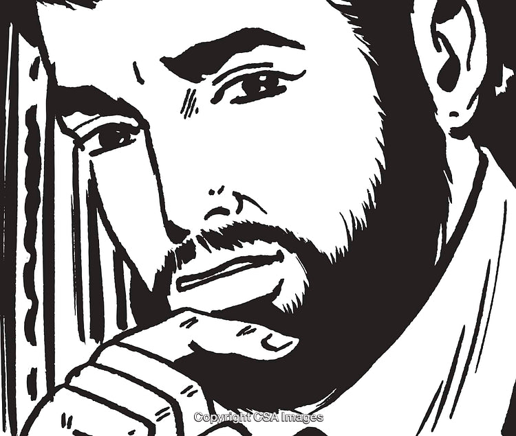 Black and White Drawing of a Man in Thoughtful Expression