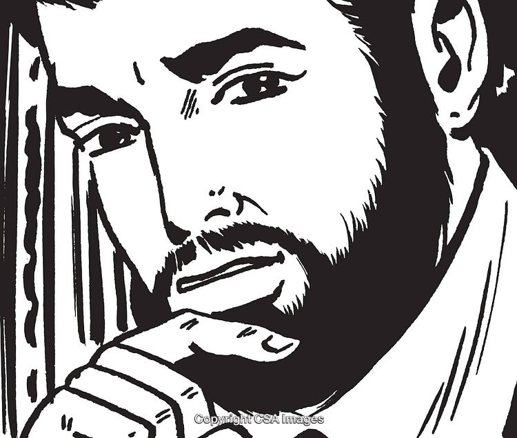 Black and White Drawing of a Man in Thoughtful Expression