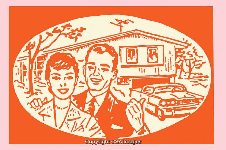 Retro Illustration of a Happy Couple and Their Family Home