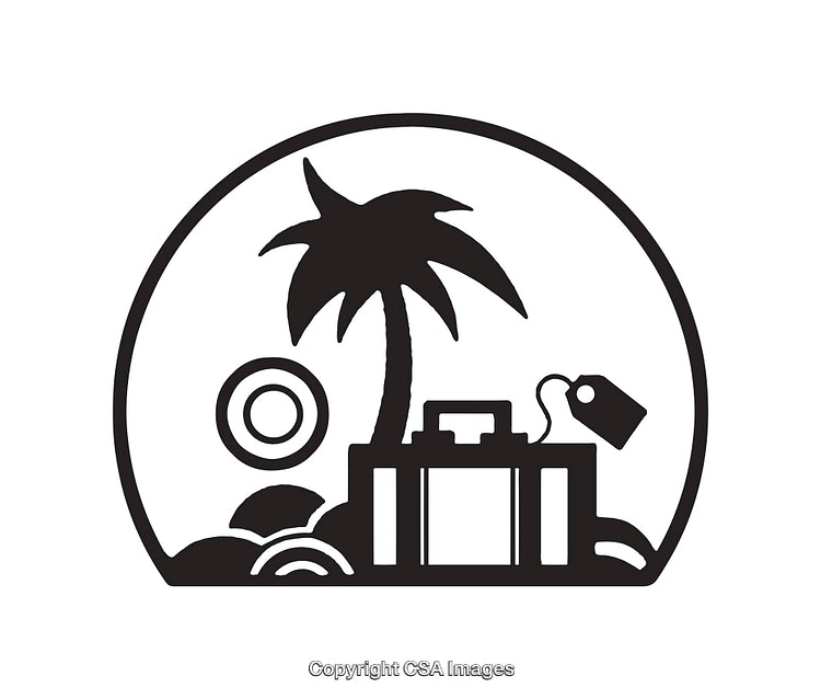 Black and White Travel Icon Featuring Palm Tree and Suitcase