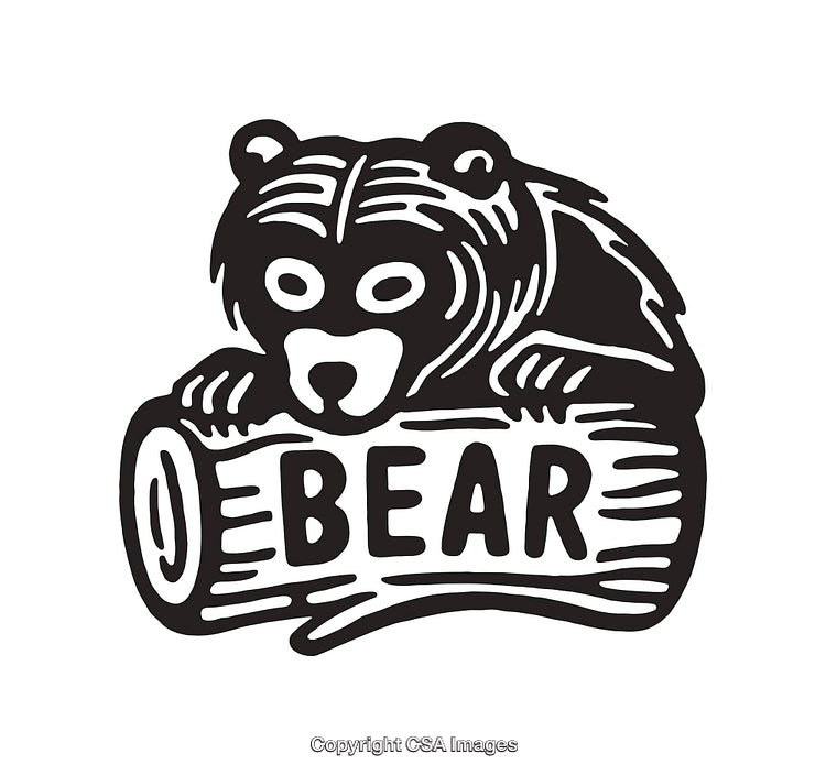 Black and White Illustration of a Bear and Text on a Log