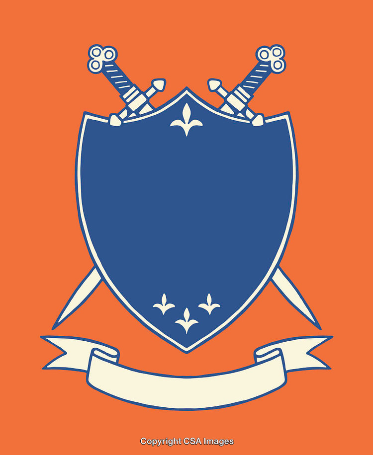 Blue Shield with Swords on Orange Background with Decorative Banner