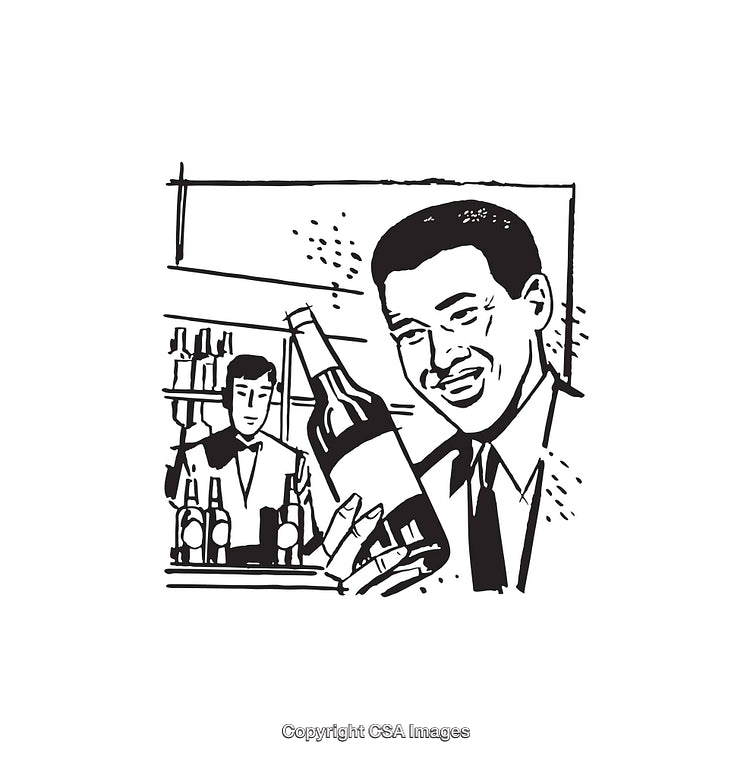 Vintage Black and White Illustrative Artwork of Men With Bottle in Retro Style