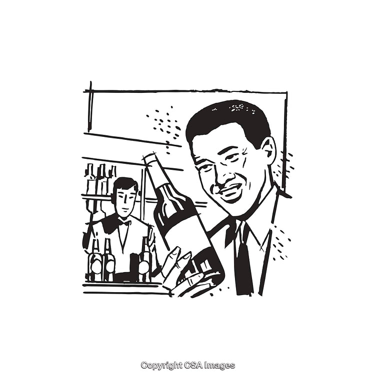 Vintage Black and White Illustrative Artwork of Men With Bottle in Retro Style