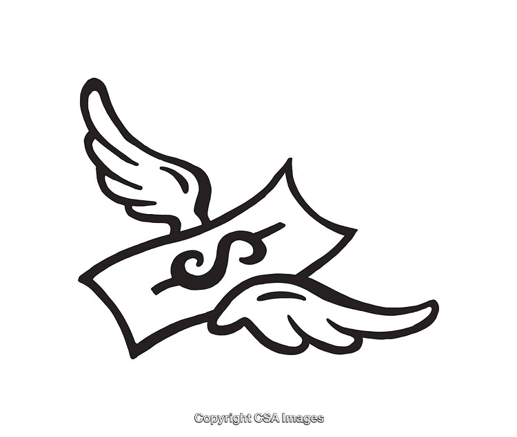 Black and White Line Art Drawing of Money with Wings