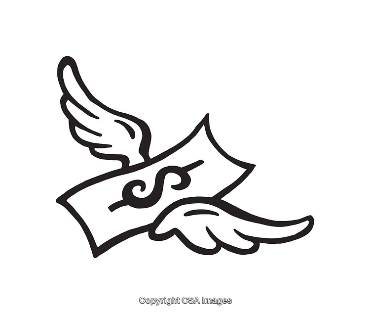 Black and White Line Art Drawing of Money with Wings