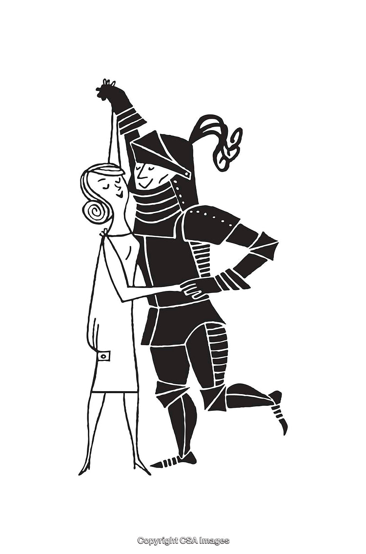 Illustration of Woman Dancing with Charming Knight in Black and White