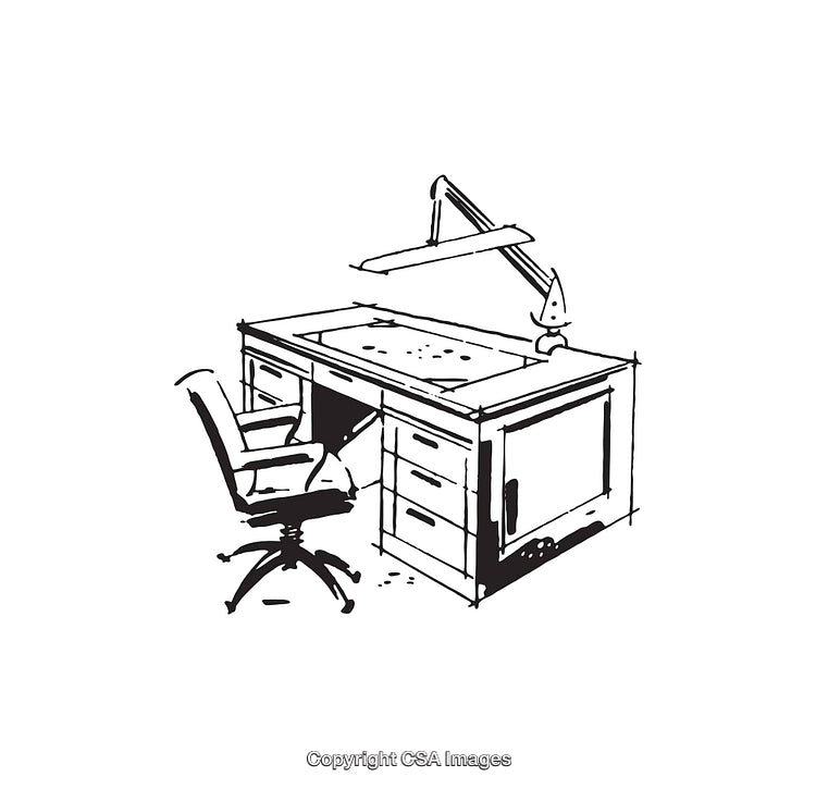 Black and White Illustration of a Desk with Chair and Lamp