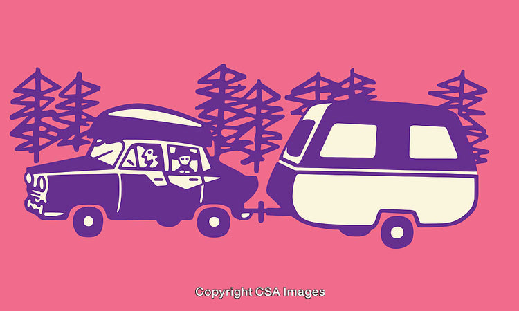 Retro Car Towing Camper in Scenic Forest Setting on Pink Background
