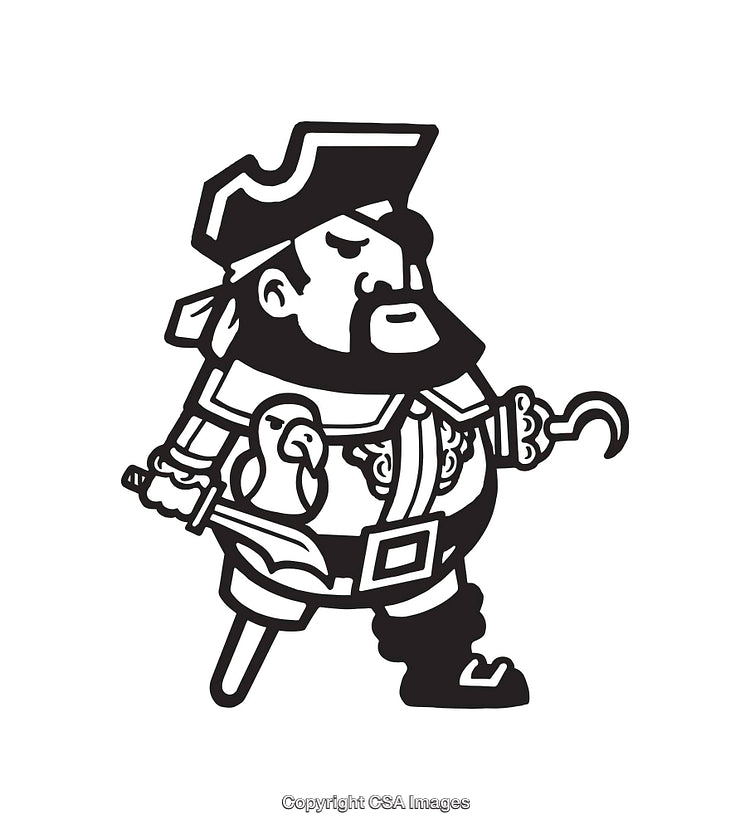 Black and White Pirate Illustration With Parrot and Hooked Hand
