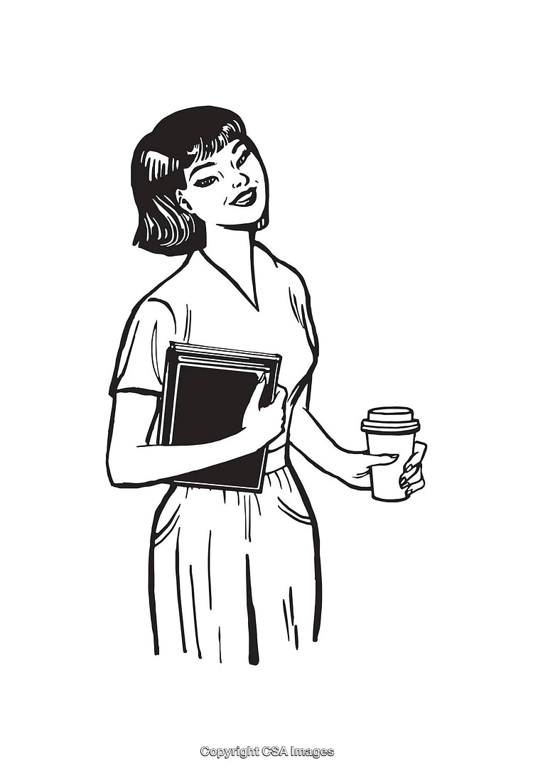Smiling Woman Holding Coffee Cup and Books in Black and White Line Art