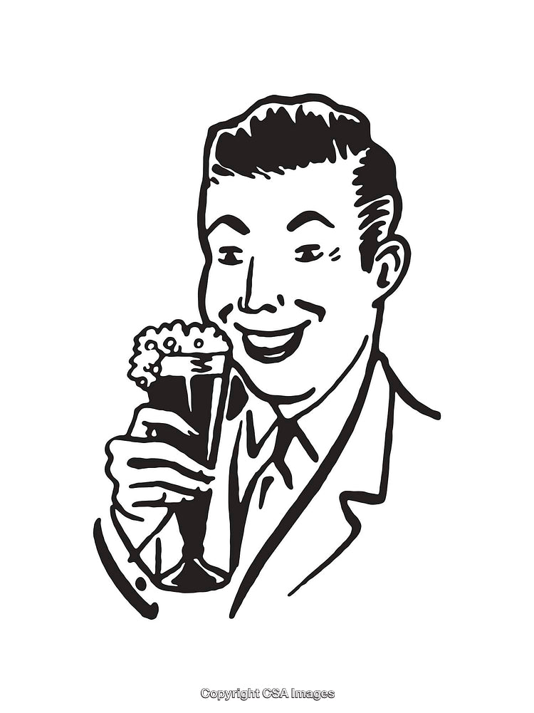 Retro Line Art of Man Holding a Beverage with a Cheerful Expression