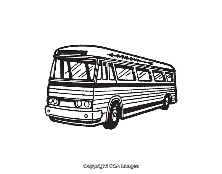 Retro Black and White Illustration of a Vintage Bus in Line Art Style