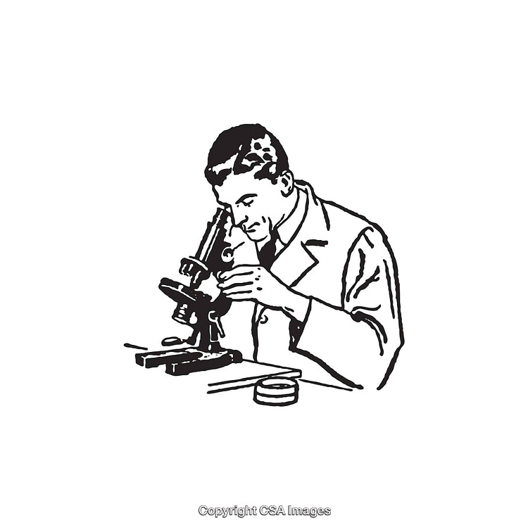 Scientist Observing Through Microscope in Black and White Line Drawing